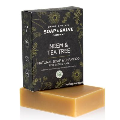 Chagrin Valley Soap & Salve Neem & Tea Tree Organic Soap & Shampoo Bar Soothe Dry, Itchy, Irritated Skin - Sulfate Free For Body & Hair Vegan Shampoo Natural, Large 5.6 oz Bar
