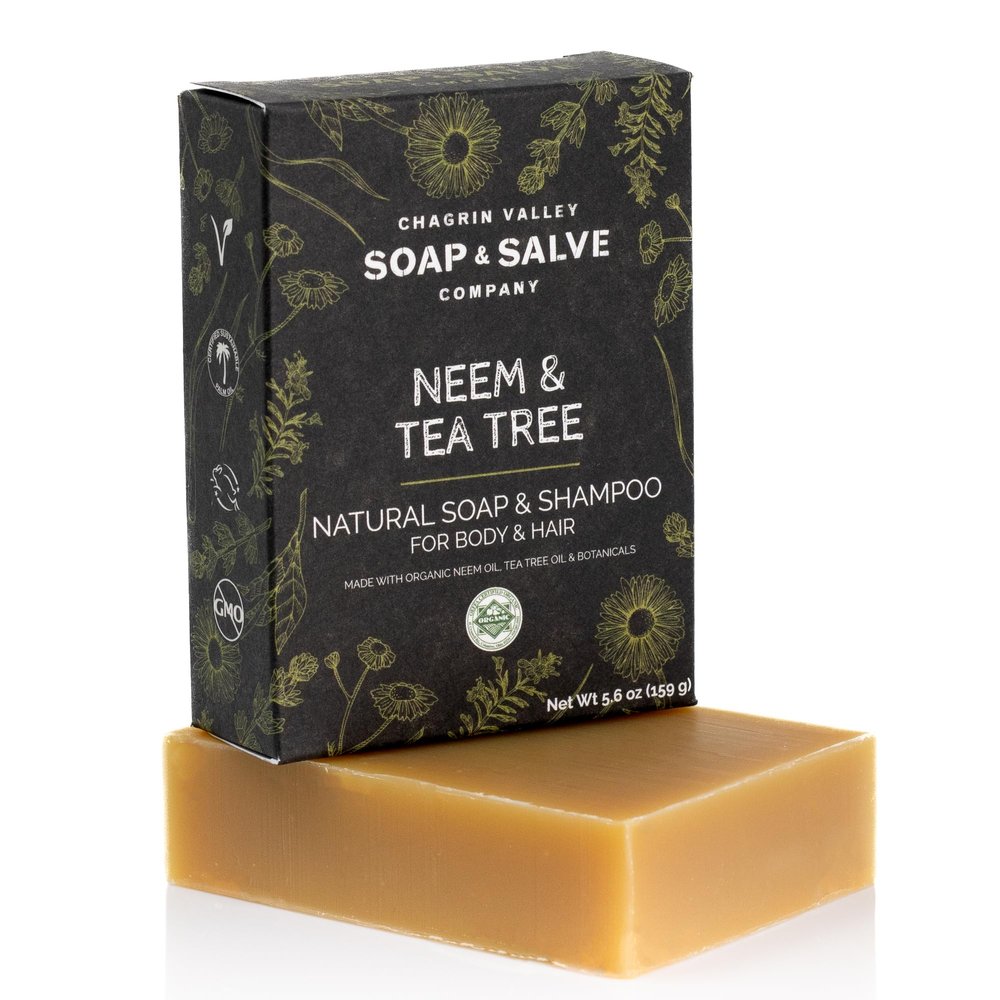 Chagrin Valley Soap & Salve Neem & Tea Tree Organic Soap & Shampoo Bar Soothe Dry, Itchy, Irritated Skin - Sulfate Free For Body & Hair Vegan Shampoo Natural, Large 5.6 oz Bar
