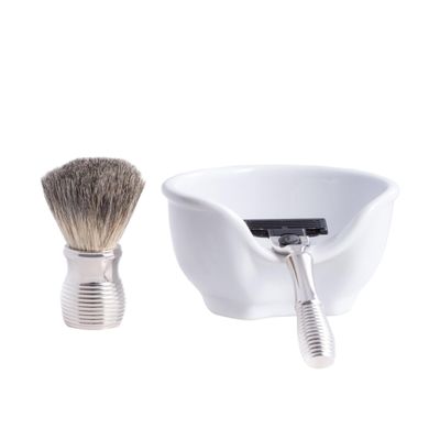 Bey-Berk Harvey 3-Piece Chrome Shaving Set, Razor and Pure Badger Brush with White Porcelain Soap Bowl, Compatible with Mach 3 Razor Blades
