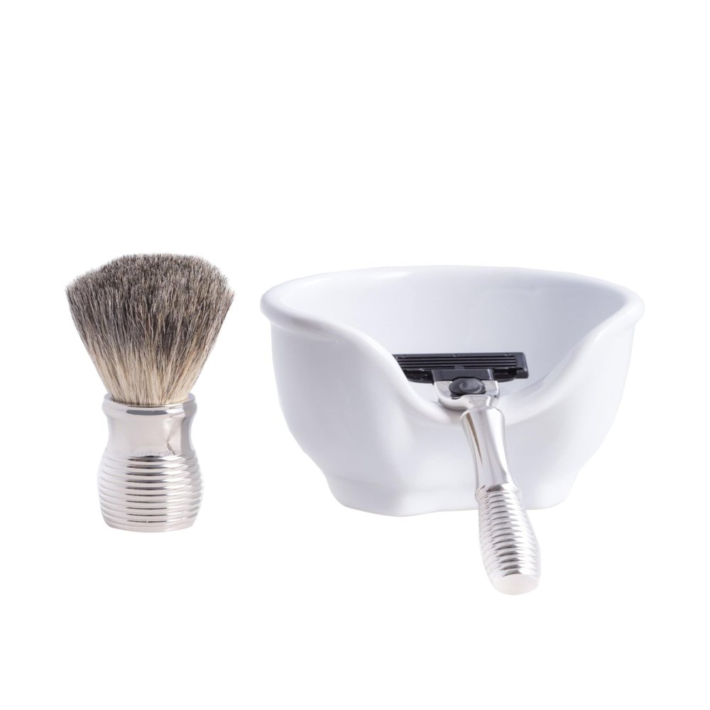 Bey-Berk Harvey 3-Piece Chrome Shaving Set, Razor and Pure Badger Brush with White Porcelain Soap Bowl, Compatible with Mach 3 Razor Blades