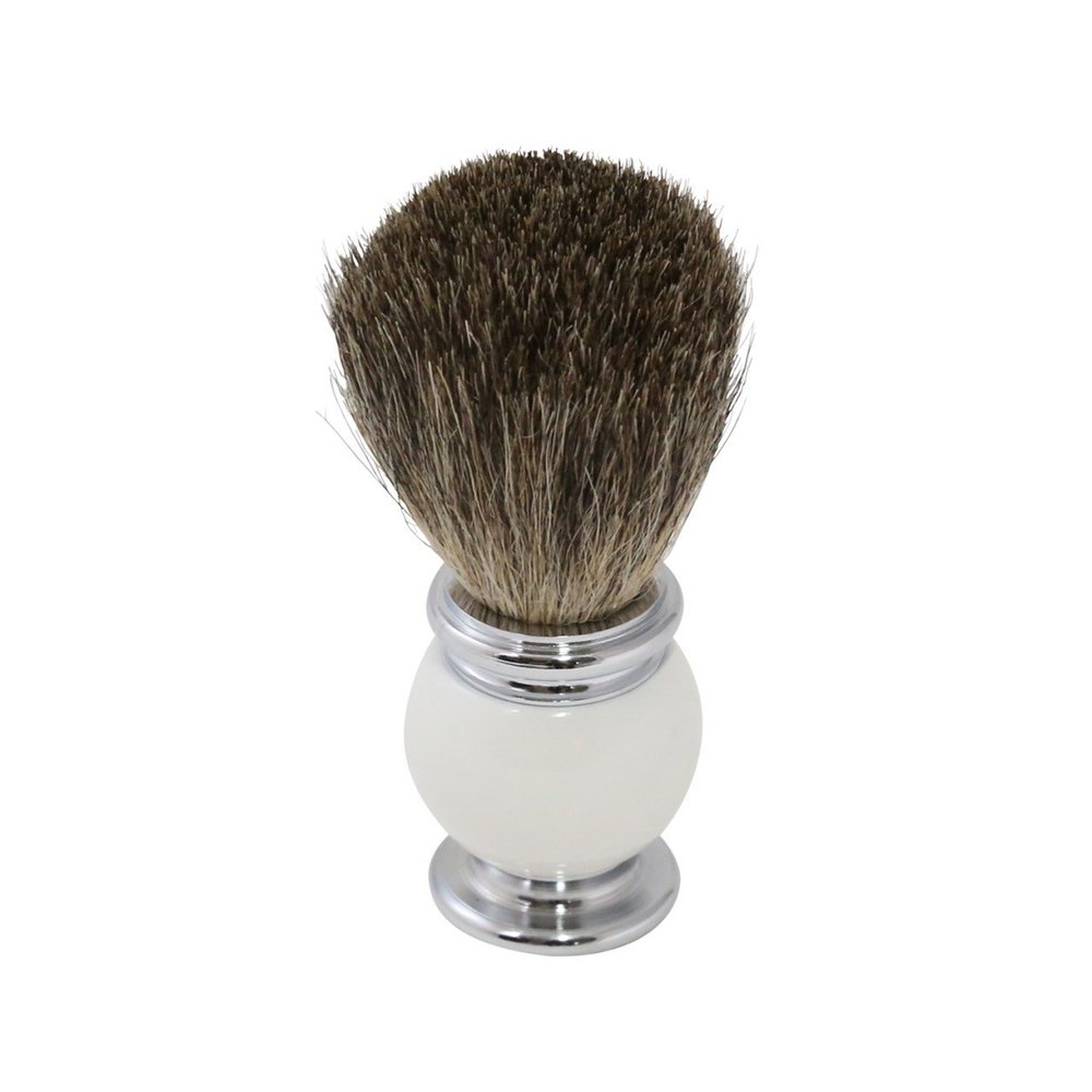 Bey-Berk BB44 Pure Badger Shaving Brush with White Enamel Handle and Chrome Accents, Grey