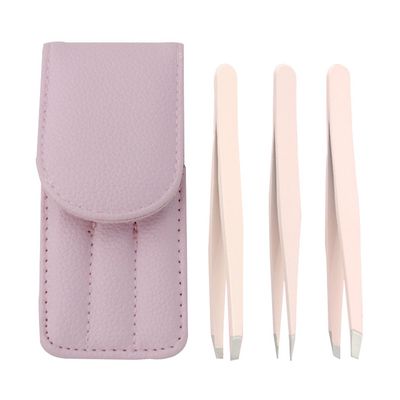 SIPLIV Tweezers Set of 3, Stainless Steel Precision Slant Tweezer and Pointed Eyebrow Tweezer Set with A Leather Travel Case - Pink
