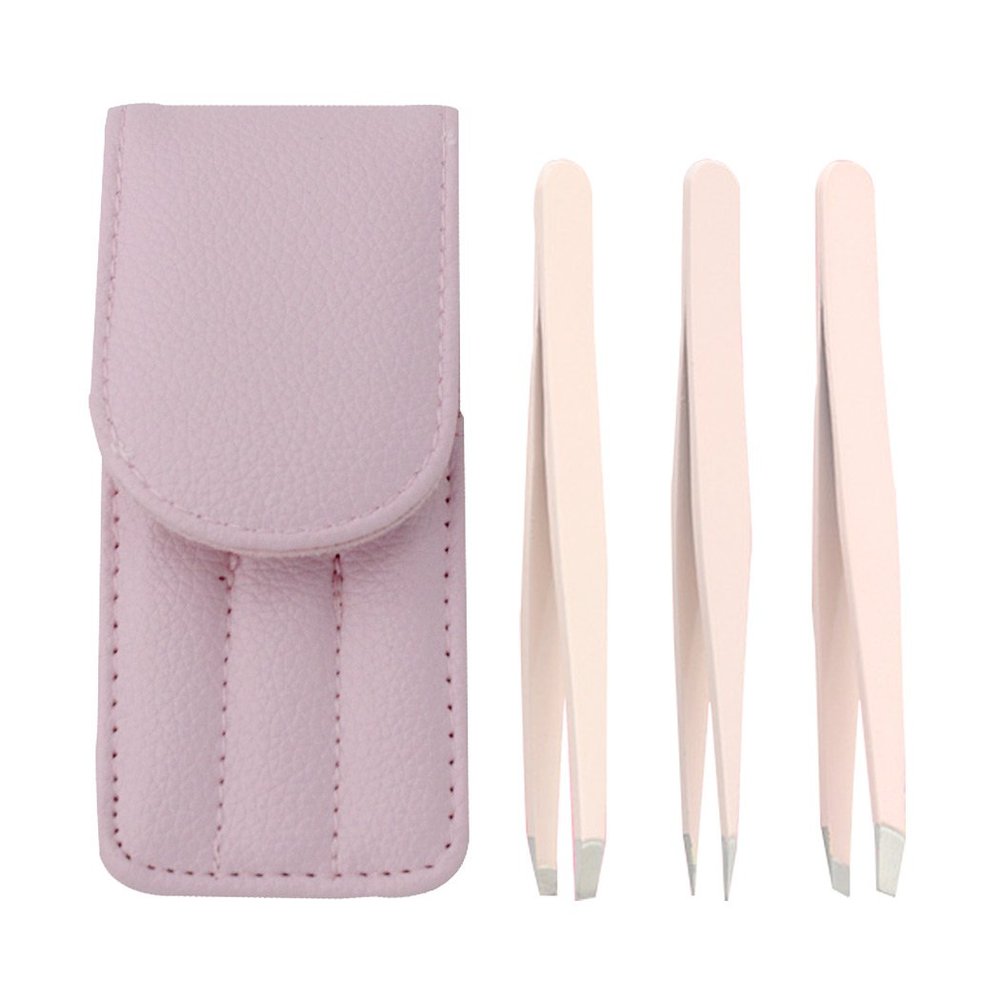 SIPLIV Tweezers Set of 3, Stainless Steel Precision Slant Tweezer and Pointed Eyebrow Tweezer Set with A Leather Travel Case - Pink