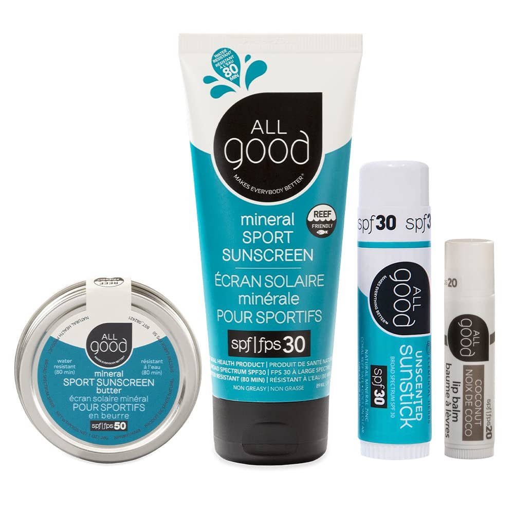 All Good Mineral Sun Care Set - SPF Lip Balm, Sport Sunscreen Lotion, Zinc Butter, & Face/Nose/Ear Sunstick - Water Resistant & Coral Reef Friendly (Unscented)