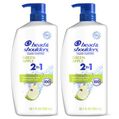 Head & Shoulders Anti-Dandruff Shampoo and Conditioner, Green Apple 2-in-1 Twin Pack, 1% Pyrithione Zinc, Flake Control, Green Apple Scent, Clean Scalp, 32.1 fl oz Each