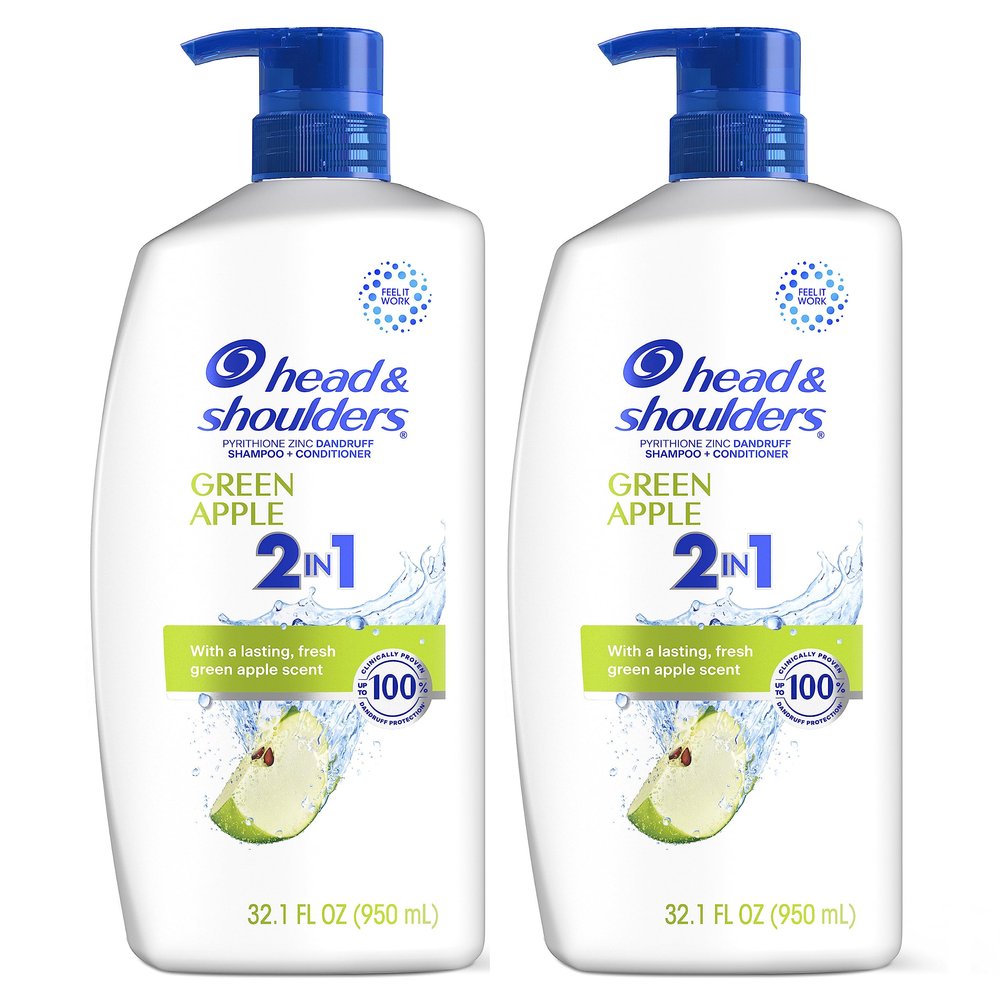 Head & Shoulders Anti-Dandruff Shampoo and Conditioner, Green Apple 2-in-1 Twin Pack, 1% Pyrithione Zinc, Flake Control, Green Apple Scent, Clean Scalp, 32.1 fl oz Each