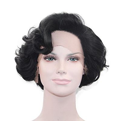 10" Black Short Wave Synthetic Lace Front Wigs Side Parting 1B Half Hand Tied Heat Resistant Fiber Hair for Woman