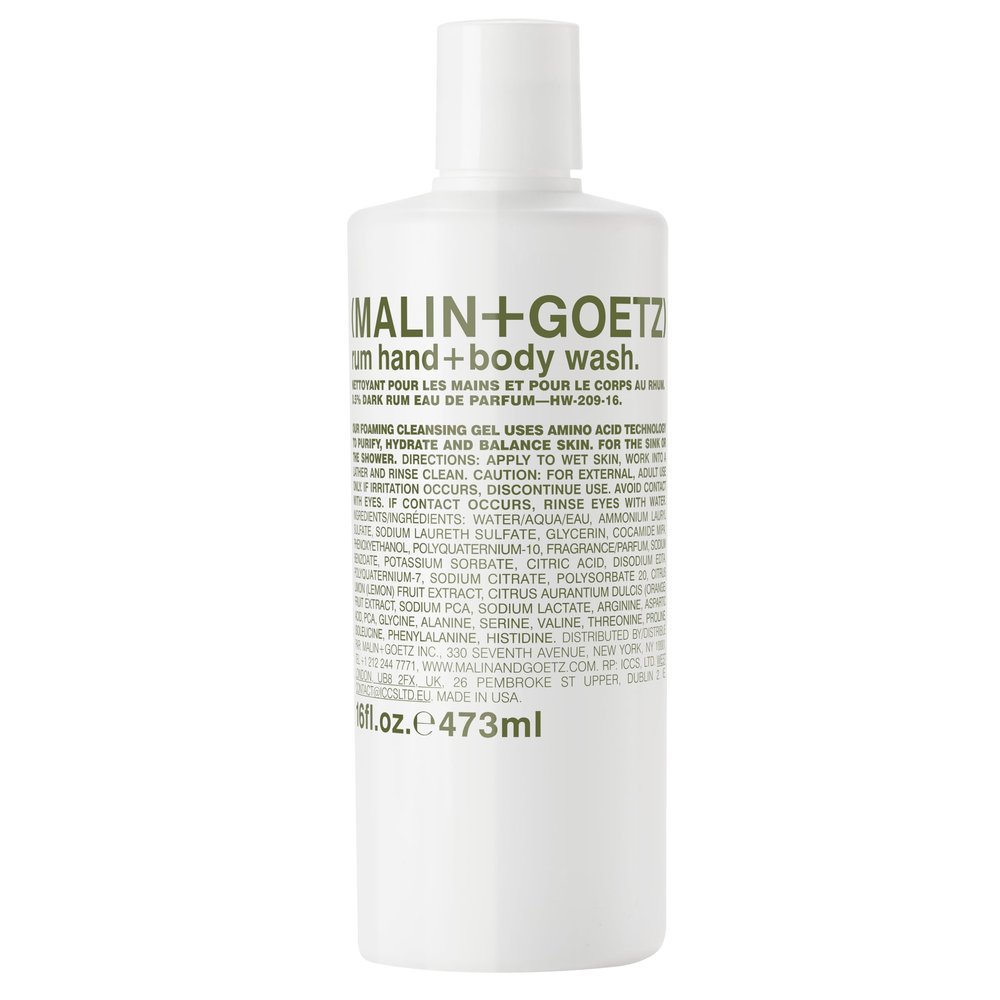 Malin + Goetz Rum Hand & Body Wash, 16 Fl. Oz.  Men & Women Natural Body Wash For All Skin Types, Foaming Hydrating Cleansing Gel, Cruelty-Free & Vegan