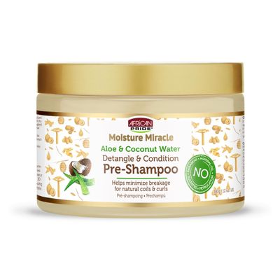 African Pride Moisture Miracle Pre-Shampoo Hair Detangler with Aloe & Coconut Water | Minimizes Breakage, Hydrates & Strengthens | Pre-Poo Treatment for Natural Coils & Curls | 12 oz.