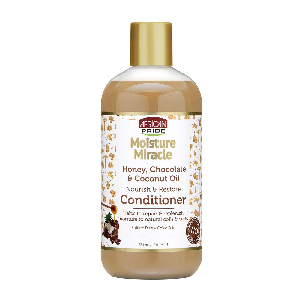 African Pride Moisture Miracle Honey, Chocolate & Coconut Oil Conditioner - Helps Repair & Replenish Moisture to Natural Coils & Curls, Nourishes & Restores, Sulfate Free, Color Safe, 12 oz