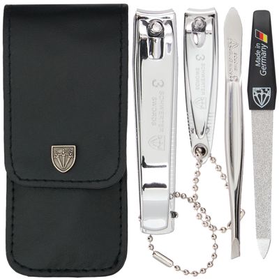 3 Swords Germany - Brand Quality 4 Piece Manicure Pedicure Grooming kit Set for Professional Finger & Toe Nail Care Tweezers File Clipper Fashion Leather case in Gift Box, Made by 3 Swords (77211)