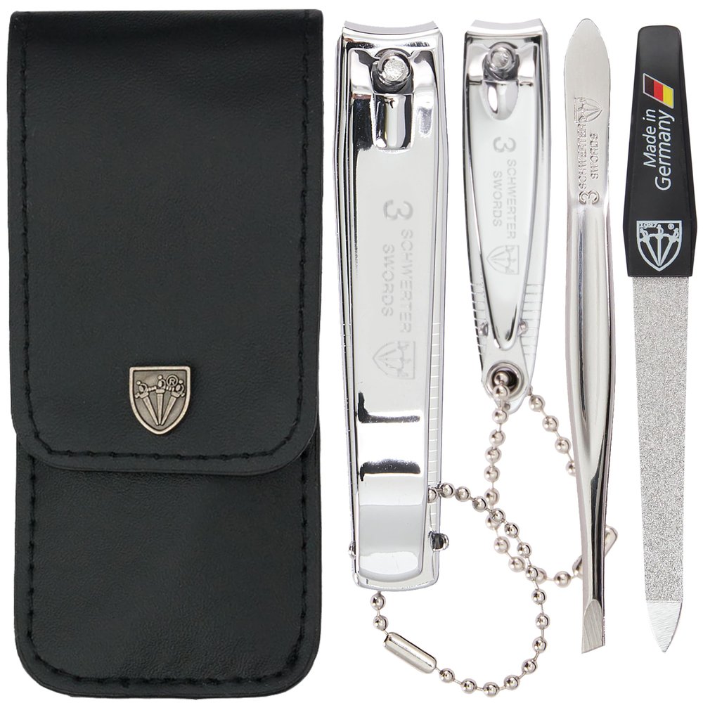 3 Swords Germany - Brand Quality 4 Piece Manicure Pedicure Grooming kit Set for Professional Finger & Toe Nail Care Tweezers File Clipper Fashion Leather case in Gift Box, Made by 3 Swords (77211)