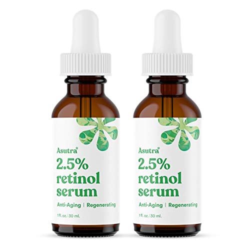 ASUTRA 2.5% Retinol Serum, 1 fl oz (Pack of 2) - Hyaluronic Acid, Vitamin E, Wheat Germ, Aloe, & Jojoba Oil, Plumping Face Serum