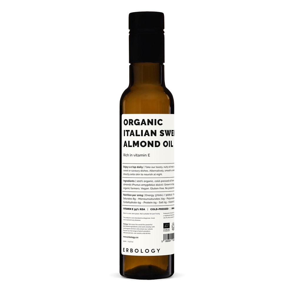 100% Organic Sweet Almond Oil 250ml - Cold-Pressed - Rich in Skin-Nourishing Vitamin E - Straight from Farm in Italy - Non-GMO - No Additives or Preservatives - Recyclable Glass Bottle