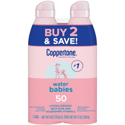 Coppertone WaterBabies Sunscreen Spray SPF 50, Spray On Sunscreen for Babies, Water Resistant, Pediatrician Recommended, 6 Oz, Pack of 2