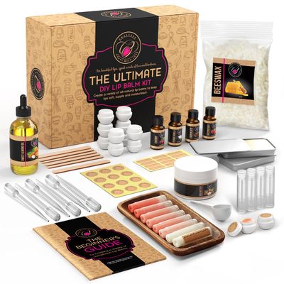 CraftZee Lip Balm Making Kit. DIY Lip Gloss Pack, Natural Beeswax, Shea Butter, Sweet Almond Oil, Essential Oils, Tools, Instruction Manual, Adult Craft Kit