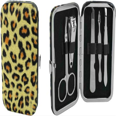 5-Piece Manicure Grooming Kit Set in Leopard Print Travel Case (Clipper, Scissor, Double-Sided Push Stick, Nail File, Tweezers)