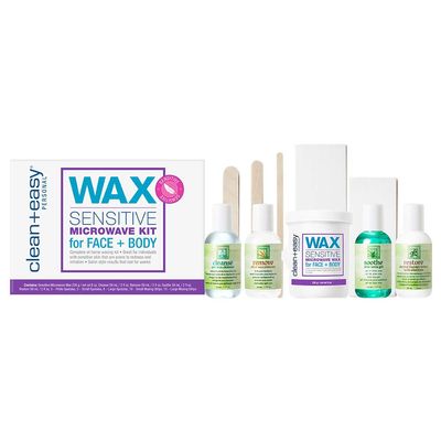 Clean + Easy Sensitive Microwave Waxing Kit - Soft Wax Hair Removal for Sensitive Skin  Full Body Wax Kit for Women, DIY Waxing for Face, Legs & Bikini, 10-Pc