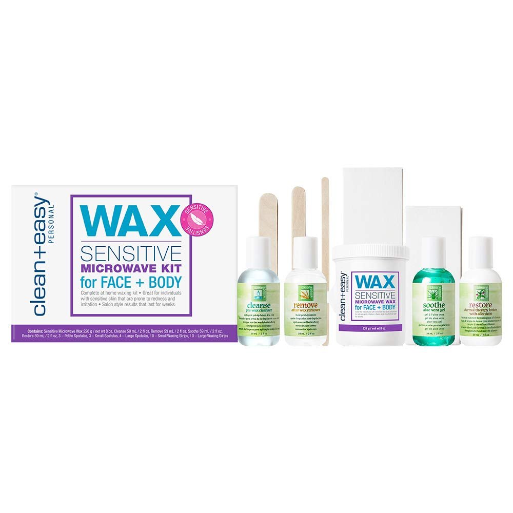 Clean + Easy Sensitive Microwave Waxing Kit - Soft Wax Hair Removal for Sensitive Skin  Full Body Wax Kit for Women, DIY Waxing for Face, Legs & Bikini, 10-Pc