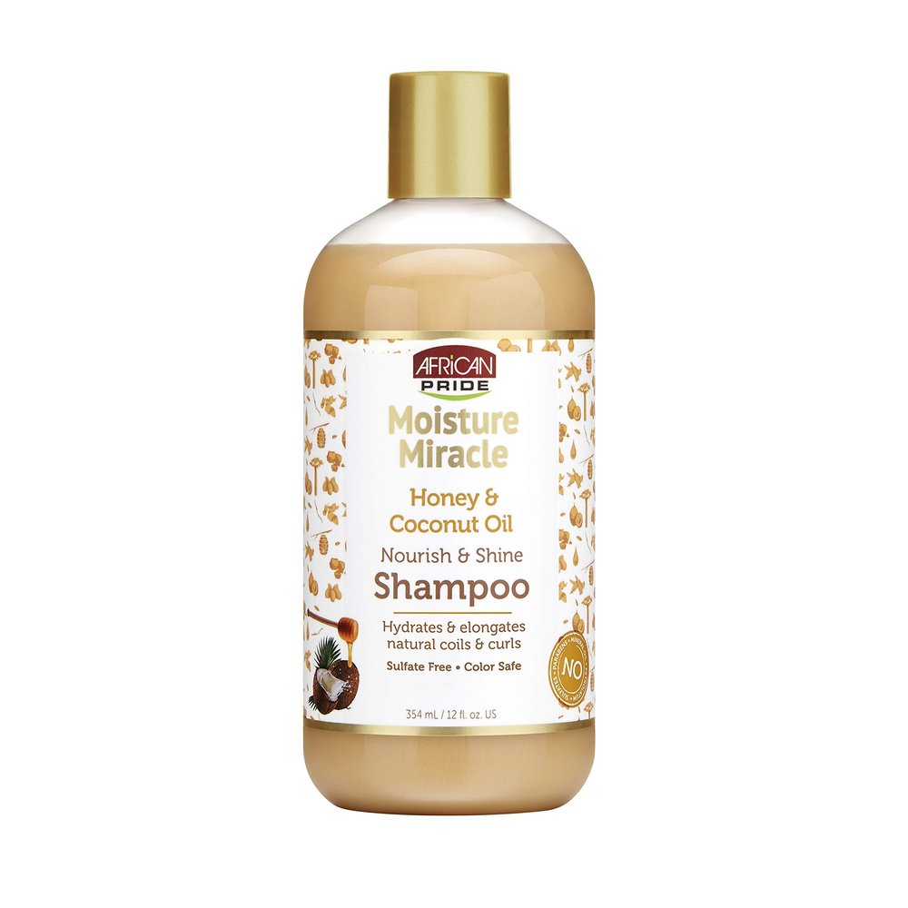 African Pride Moisture Miracle Honey & Coconut Oil Shampoo - For Natural Coils & Curls, Nourishes & Shines, Sulfate Free, Color Safe, 12 oz.
