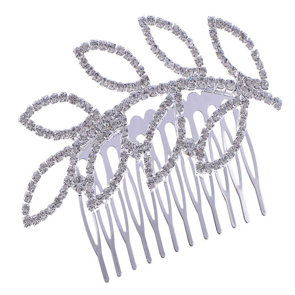 Alilang Women's Silvery Tone Clear Shiny Crystal Rhinestones Hollow Leaf Hair Comb