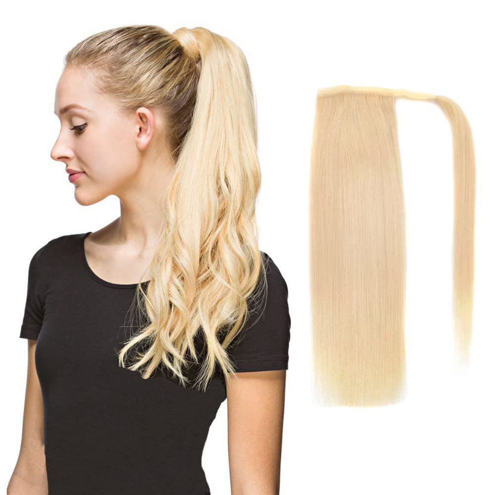 16" Straight Human Hair Ponytail Hair Extensions Wrap Around 100% Remy Human Hair Clip in Ponytail 613# Yudit