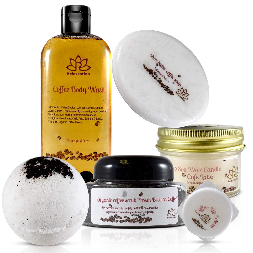 Bath and Spa Gift Set Cofee Love- Relaxation and Moisturizing Coffe Brown Sugar Scrub, Bath Bomb, Coffee Candle, Bath Body Wash, Shea Butter Soap and Lip Balm - Handmade in USA