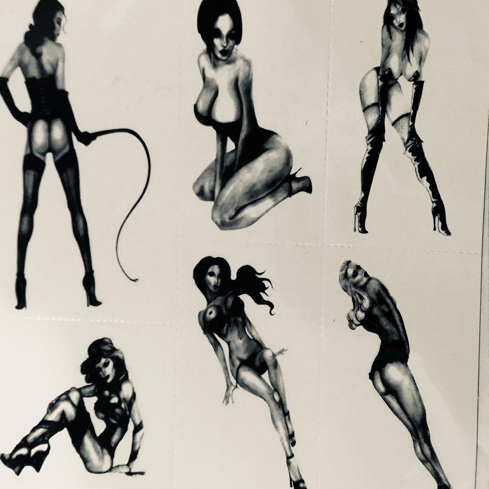 3 inches most except whip pinup 4 1/2 Black Henna style retro Pinup Girls 6 on sheets sexy tramp stamps long lasting