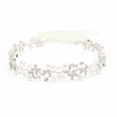 Ammei Headpiece Silver Bridal Headbands With Pearls Hair Vines Wedding Headpieces For Bride Bridesmaids Prom Hair Accessories With Ivory Ribbons