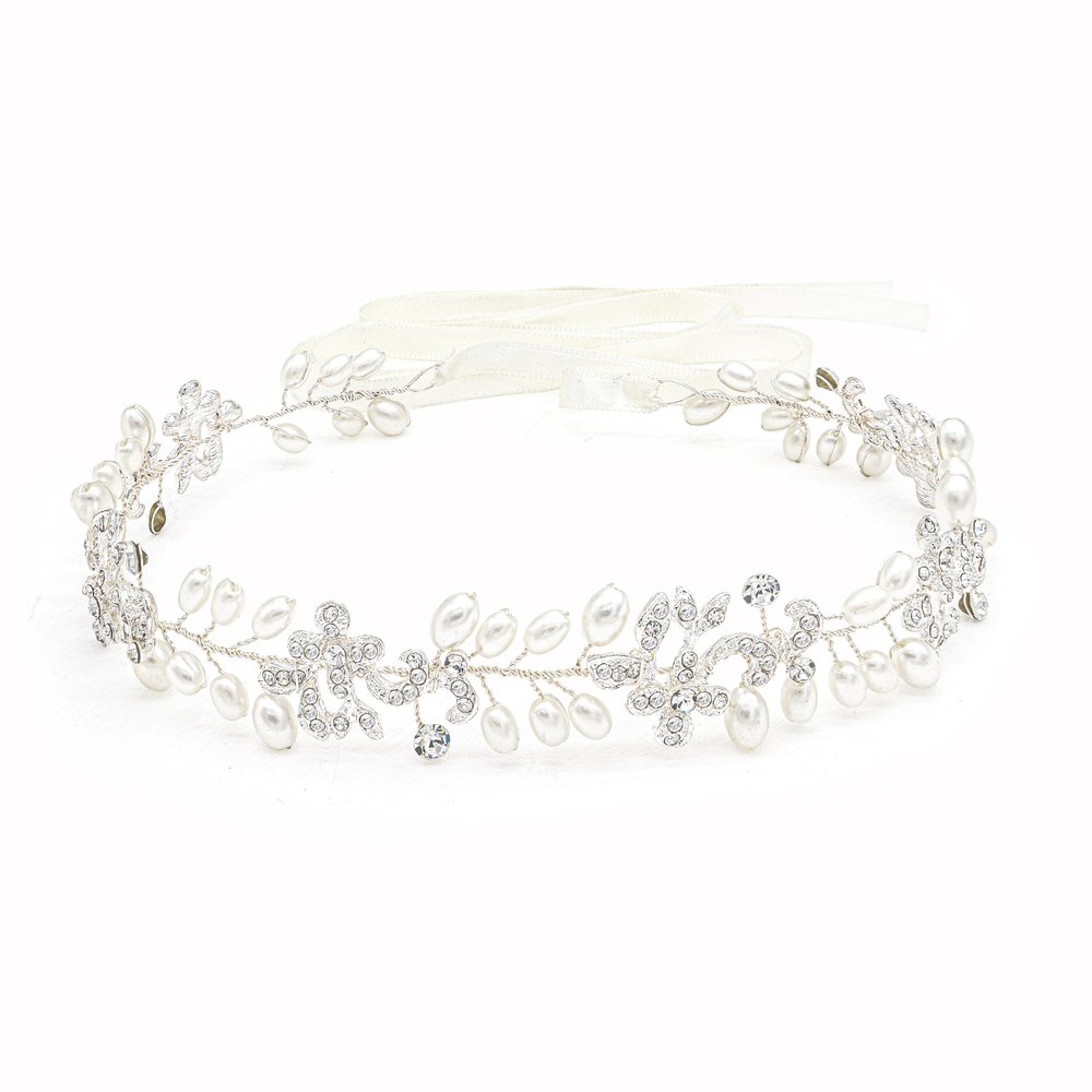 Ammei Headpiece Silver Bridal Headbands With Pearls Hair Vines Wedding Headpieces For Bride Bridesmaids Prom Hair Accessories With Ivory Ribbons