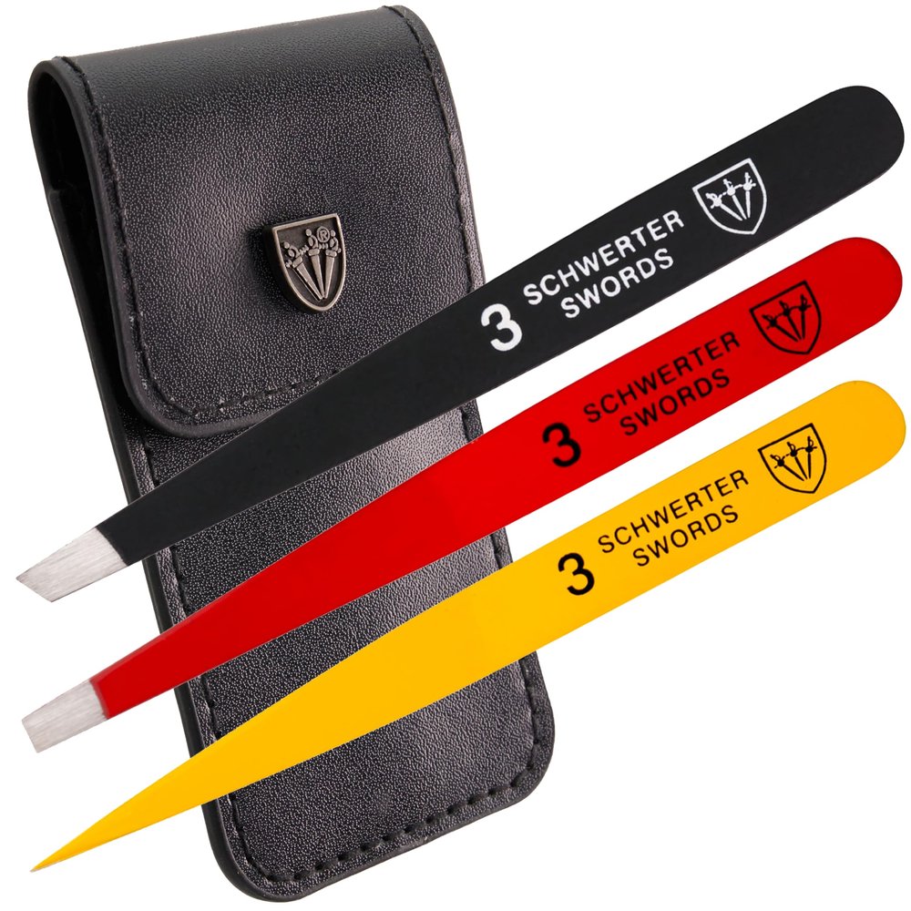 3 Swords Germany  brand quality professional stainless steel precision tweezer set GERMANY, slanted, straight, pointed eyebrows hair, synthetic leather case, manicure pedicure by 3 Swords (005342)