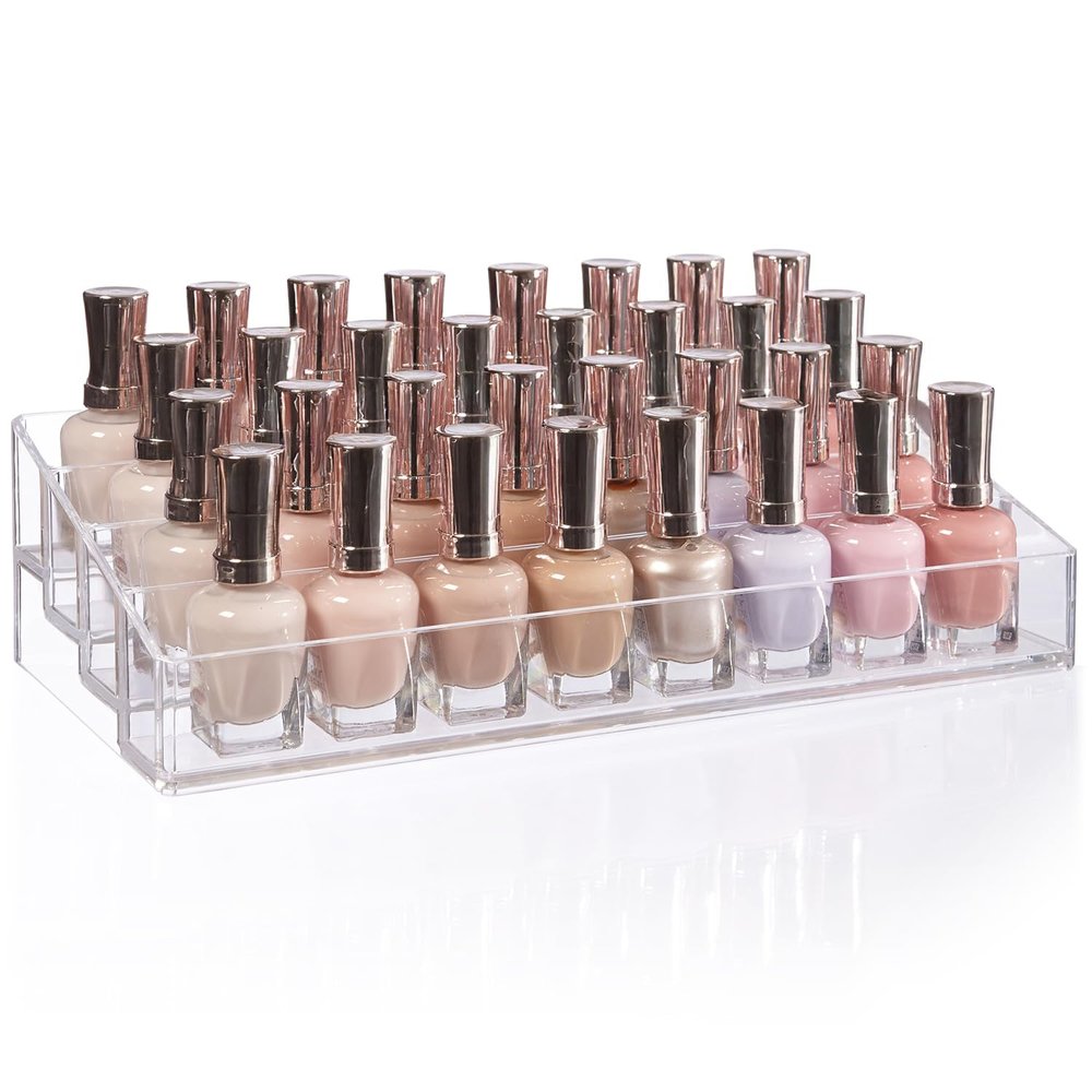 STORi Multi-Level Nail Polish Bottle Holder | Clear Plastic Organizer Rack for up to 40 Nail Polish Bottles, Rectangular 4 Tiered Vanity Display Stand for Makeup and Eyeshadow Palettes | Made in USA