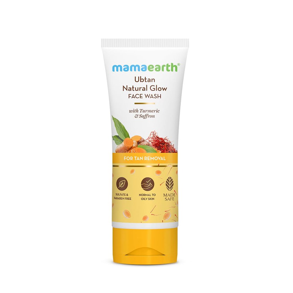 Mamaearth Ubtan De Tan Face Wash | Helps Reduce Tanning & Sun Damage | Gently Cleanses Dirt & Excess Oil | Enriched with Turmeric & Saffron | 3.38 Fl Oz (100ml)