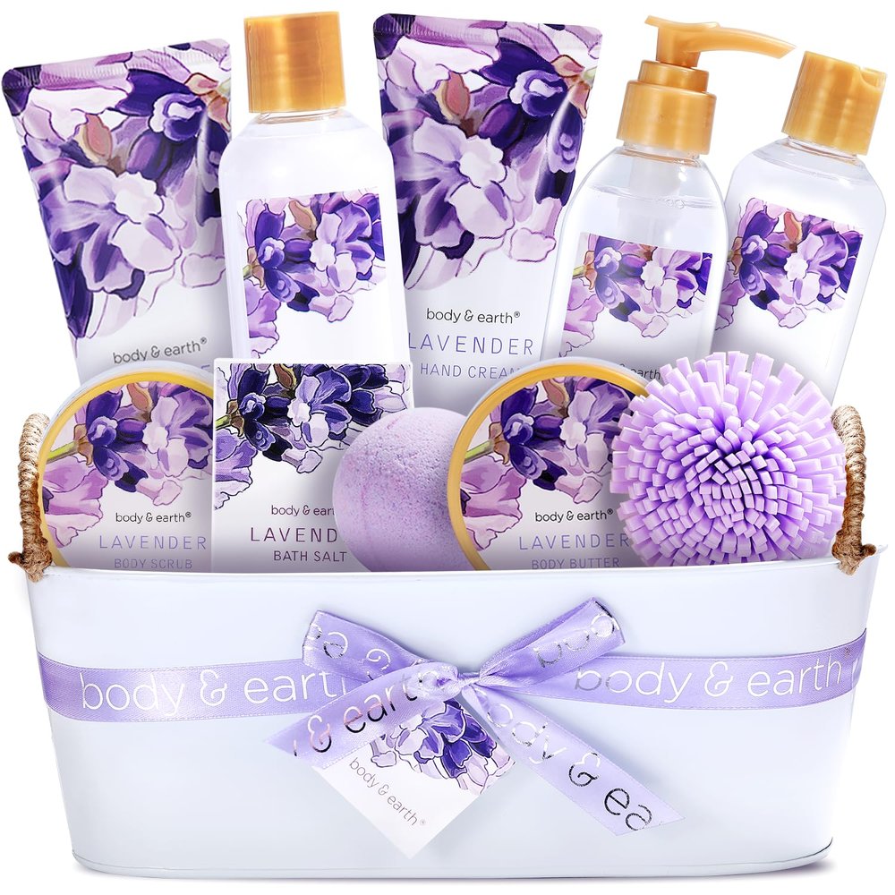 BODY & EARTH Gift Baskets For Women 11 Pcs Lavender Spa Gifts For Her with Bubble Bath Body Lotion Sets, Bath and Body Gifts Set For Her Christmas Gifts for Women Spa Gift Sets