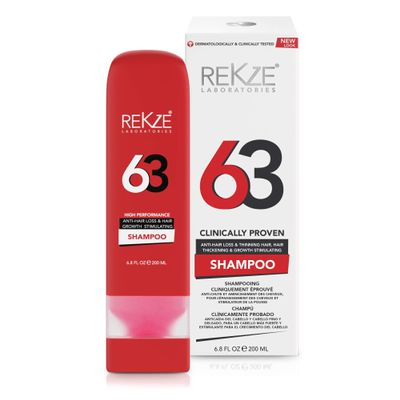 REKZE 63 Hair Growth Shampoo Clinically Proven Extra Strength Formula with Biotin, Caffeine, Zinc - Regrowth, Thickening Therapy for Men & Women, DHT Blocker Prevents Thinning & Hair Loss