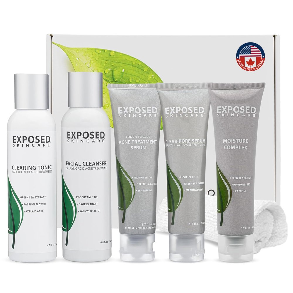 Exposed Skin Care, Expanded Acne Treatment Kit with 2.5% Salicylic Acid and 3.5% Benzoyl Peroxide to Clear Up Teen, Adult, Hormonal and Cystic Acne  Natural, Non-toxic and Cruelty Free