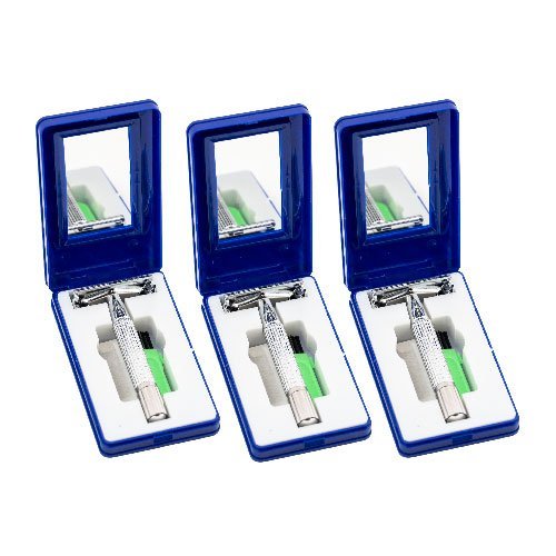 (3) Morris Flamingo Classic Double Edge Stainless Steel Butterfly Style Safety Razor with 2 Blades & Travel Case w/Mirror
