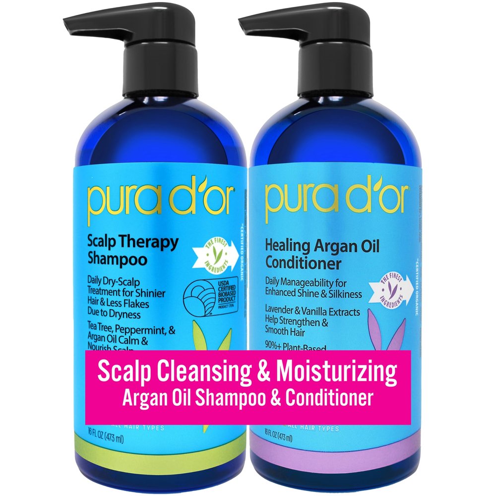 PURA D'OR Scalp Therapy Shampoo & Conditioner Set (16oz x 2) Dry, Itchy Scalp-Hydrates & Nourishes Hair w/Tea Tree, Peppermint, Argan Oil & Biotin, All Hair Type, Men Women (Packaging Varies)