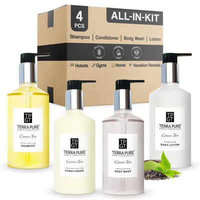 1-Shoppe Terra Pure Ecobox Amenities Kit | Green Tea Soap | Shampoo, Conditioner, Body Lotion, Body Wash | 10.14 oz | Hotel Toiletries Bulk