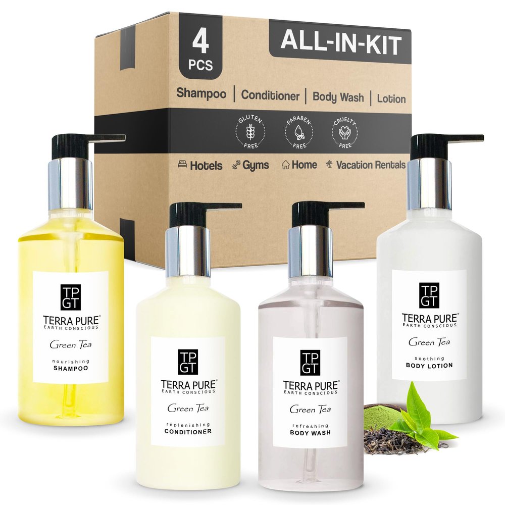 1-Shoppe Terra Pure Ecobox Amenities Kit | Green Tea Soap | Shampoo, Conditioner, Body Lotion, Body Wash | 10.14 oz | Hotel Toiletries Bulk