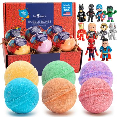 Superhero Bath Bombs for Kids with Surprise Toys Inside (6 Pack) - Large Bubble Bomb Fizzies for Boys, Girls, & Toddlers - Fruity Scents, Relaxing Aromas, Made in USA, Birthday Gift by Two Sisters