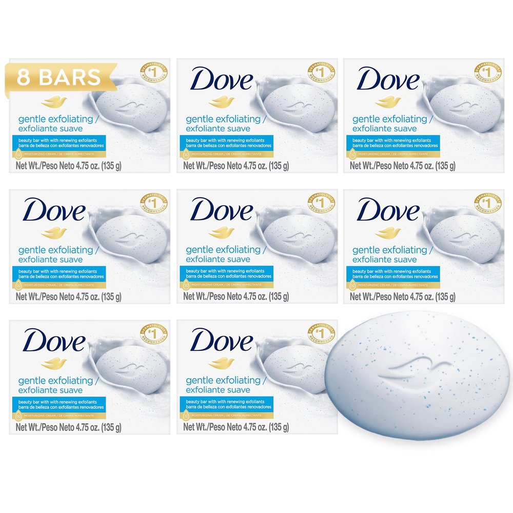 Dove Soap, Gentle Exfoliating Beauty Bar 8-Pack 3-in-1 Moisturizing Face, Body & Hand Soap, 4.75 Oz Ea