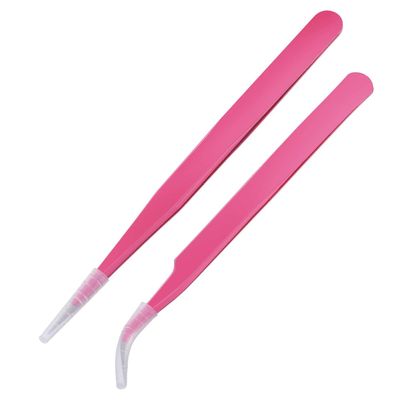 2pcs Pink Coated Stainless Steel Straight and Curved Head Tweezers for Eyelash Extension