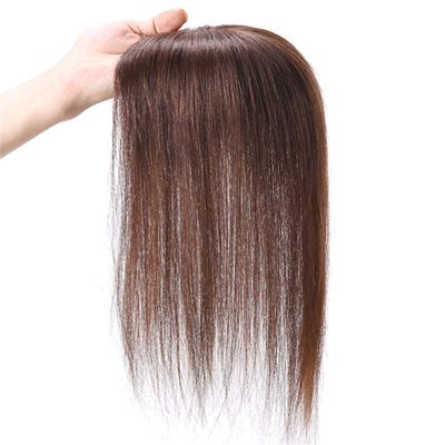 Real Human Hair Clip in Toppers Double Layer Silk Base Free Part Wiglet Hair Piece for Thinning Hair (12" Black)
