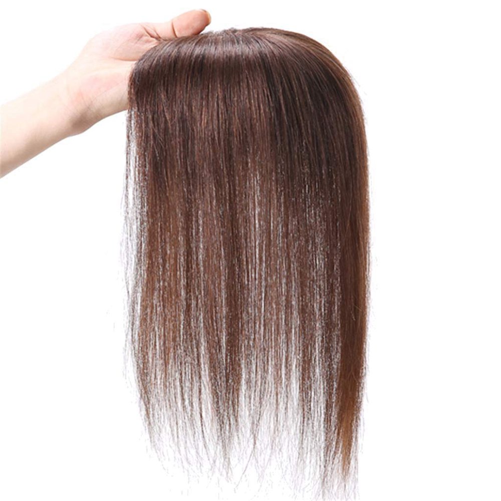 Real Human Hair Clip in Toppers Double Layer Silk Base Free Part Wiglet Hair Piece for Thinning Hair (12" Black)