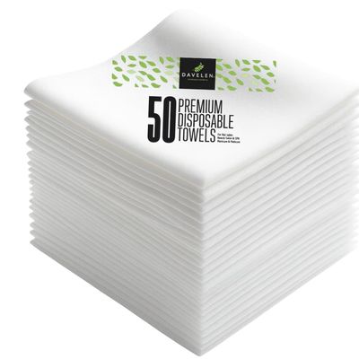 DAVELEN Disposable Large Luxury Towels (50-Count) Spa and Salon Quality Softness for Guests, Clients | Hair, Face, Body Use | Luxurious Comfort, Ecofriendly (050, 32x16 inches)