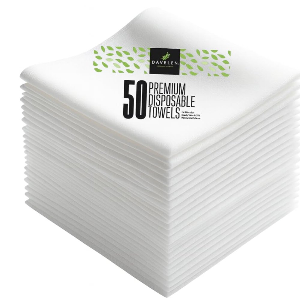 DAVELEN Disposable Large Luxury Towels (50-Count) Spa and Salon Quality Softness for Guests, Clients | Hair, Face, Body Use | Luxurious Comfort, Ecofriendly (050, 32x16 inches)