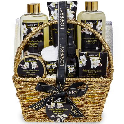 Christmas Gift Baskets for women Mom Christmas Gifts, Bath and Body Spa Set Orchid & Jasmine Home Spa Set With Body Scrubs, Lotions, Oils, Gels and More - Care Package for Women & Men - 9 Piece Set