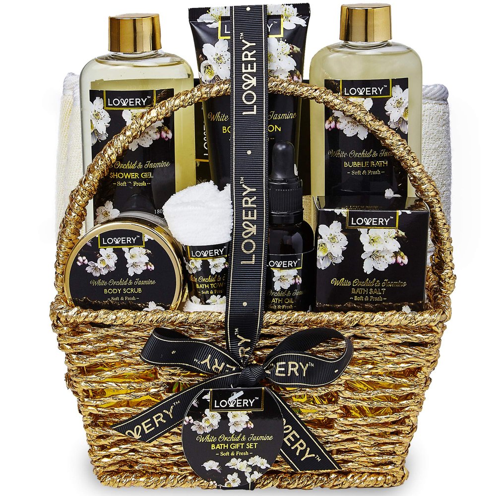 Christmas Gift Baskets for women Mom Christmas Gifts, Bath and Body Spa Set Orchid & Jasmine Home Spa Set With Body Scrubs, Lotions, Oils, Gels and More - Care Package for Women & Men - 9 Piece Set