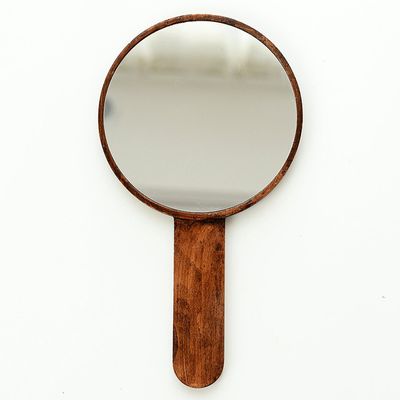 Makeup Mirror Retro Wood HD Portable Beauty Salon Handheld Mirror Professional Hand Mirror Hairdressers Paddle Mirror Tool